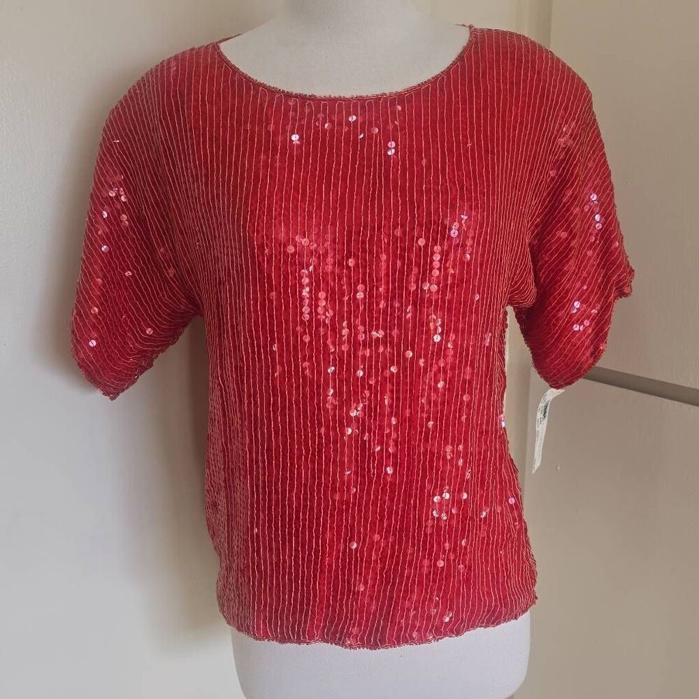 Vintage Jean for Joseph le Bon 100% Silk Red Sequin Short Slv. Blouse, NWT, S